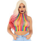 Crop top resille arc-en-ciel a col montant porte sans soutien sur la peau, maille filet coloree transparente, avec un jean, look festif vif.