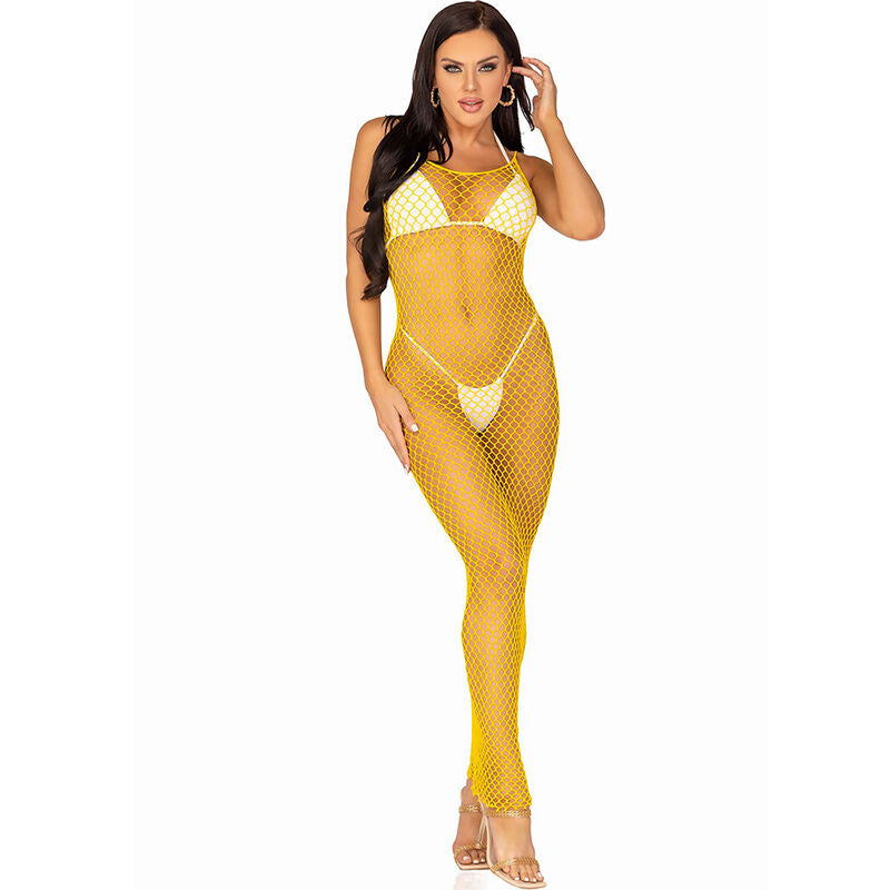 Vue de profil de la robe longue jaune en maille à fente, coupe ajustée transparente sur le corps, lingerie maille extensible bohème Leg Avenue