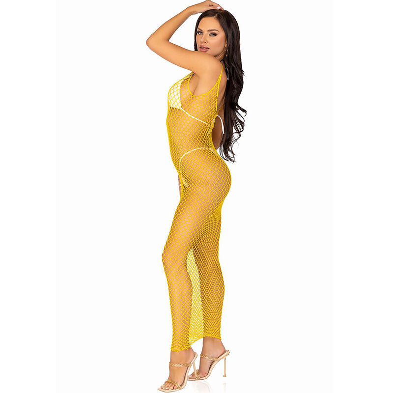 Vue de profil de la robe longue jaune en maille au dos nu, coupe ajustée transparente sur le corps, lingerie maille extensible bohème Leg Avenue