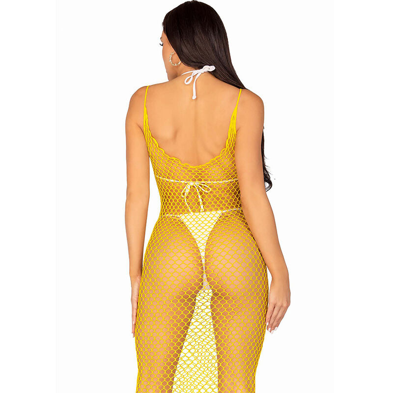 Vue de dos de la robe longue jaune en maille au dos nu, maille transparente épousant les courbes, lingerie bohème chic extensible Leg Avenue