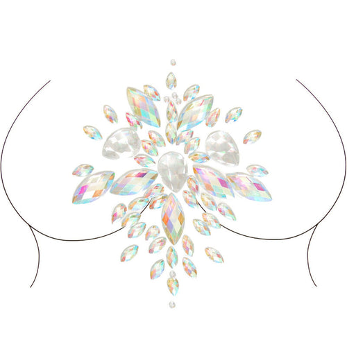 Bijou de peau adhesif en cristaux irises Leg Avenue, motif floral scintillant pour decolleté, presente sur schema neutre sans modele.