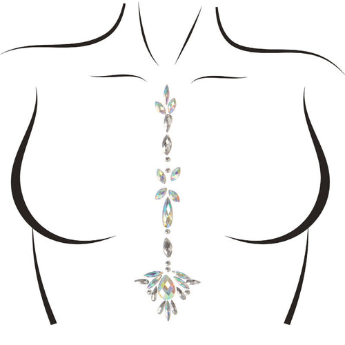 Bijou de peau adhesif vertical en cristaux irises Leg Avenue, motif effilé pour buste, illustre sur schema neutre sans modele.
