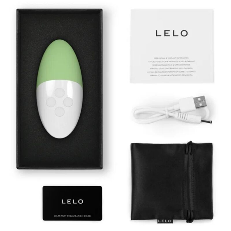 Coffret Lelo Siri 3 vert avec notice, cable de charge USB, pochette noire et carte de garantie, stimulateur clitoridien galet active par le son en silicone biocompatible.
