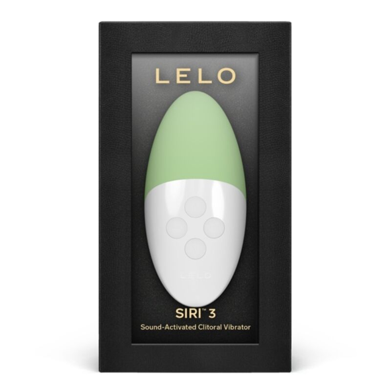 Boite Lelo Siri 3 verte dressee, stimulateur clitoridien vert et blanc sous fenetre, mention vibrateur active par le son, galet compact en silicone doux pour usage solo ou couple.