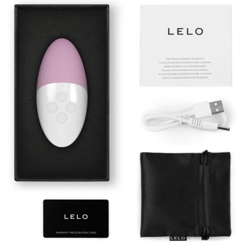 Coffret Lelo Siri 3 rose ouvert avec notice, cable USB, carte de garantie et pochette satinee noire, stimulateur clitoridien galet active par le son en silicone biocompatible.