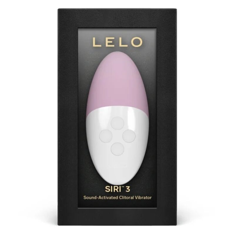 Boite Lelo Siri 3 dressee, vibromasseur clitoridien rose et blanc sous blister, mention vibrateur active par le son, galet compact en silicone doux pour stimulation externe.