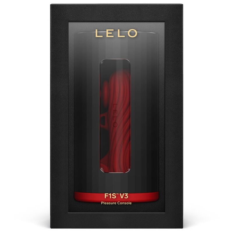 Coffret Lelo F1S V3 rouge presente dans son ecrin avec fenetre sur la gaine, console de plaisir masculine connectee sans visuel anatomique.