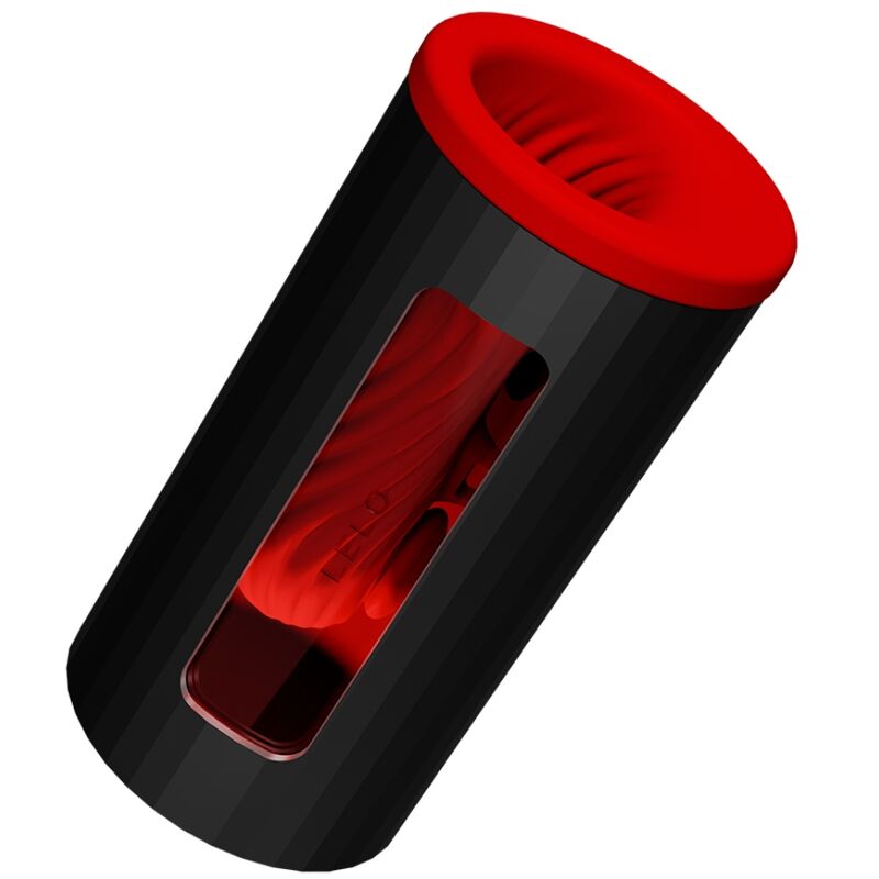 Masturbateur Lelo F1S V3 incline montrant l'ouverture rouge texturee, console de plaisir masculine connectee en silicone sans element anatomique.
