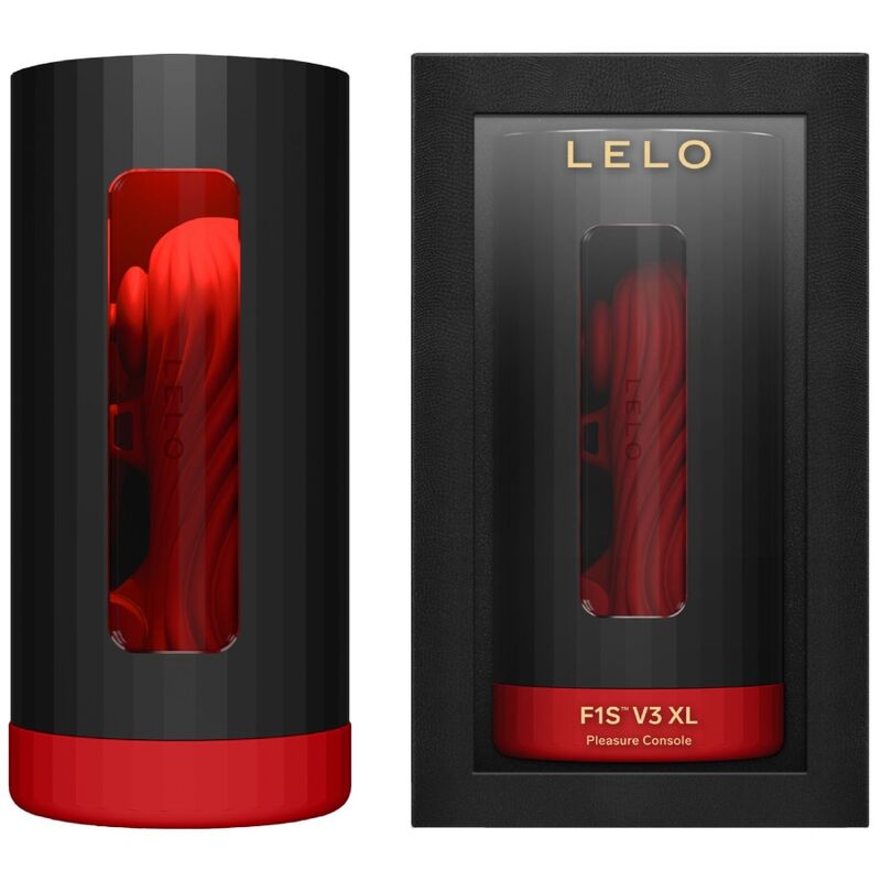 Console Lelo F1S V3 XL rouge dans sa boite avec fenetre sur la gaine, masturbateur masculin connecte grand format sans element anatomique.