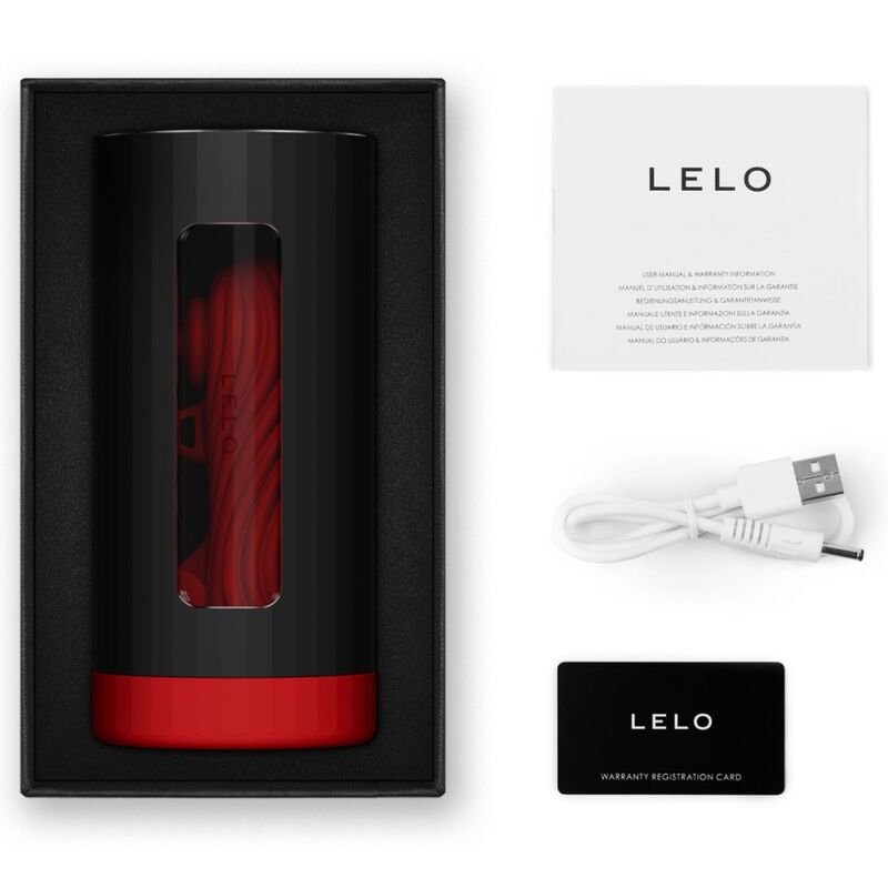 Coffret Lelo F1S V3 XL ouvert avec console rouge, notice, cable USB et carte garantie, masturbateur masculin connecte sans visuel anatomique.