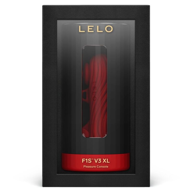 Console Lelo F1S V3 XL rouge presentee dans son ecrin avec fenetre sur la gaine, masturbateur masculin connecte sans element anatomique.