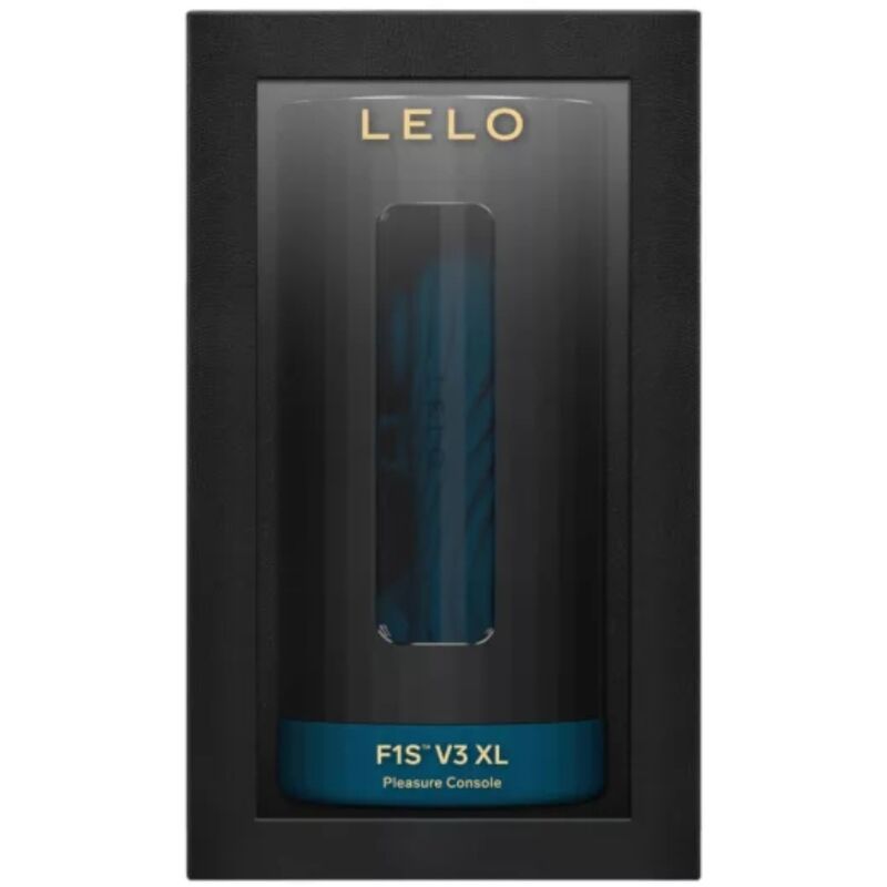 Coffret Lelo F1S V3 XL noir avec fenetre sur la gaine bleue, console de plaisir masculine connectee grand format sans element anatomique.