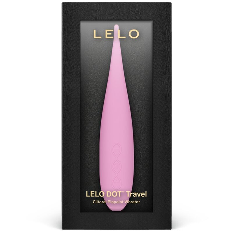 Vibromasseur Dot Travel rose présenté debout dans sa boîte Lelo Clitoral Pinpoint Vibrator, embout pointu souple en silicone pour une stimulation de précision.