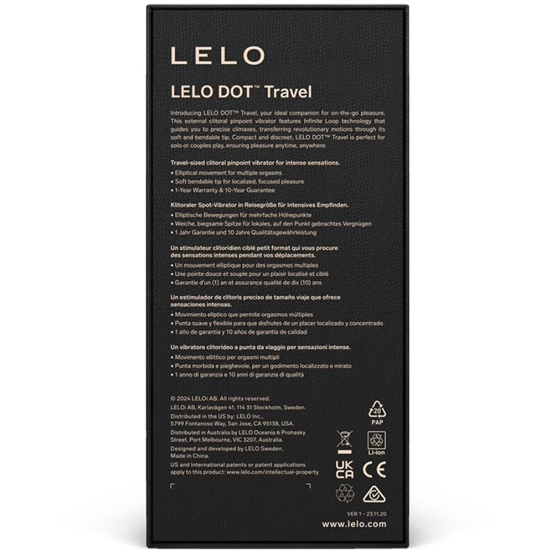 Dos de la boîte du Lelo Dot Travel Clitoral Pinpoint Vibrator, panneau noir listant l'embout flexible et les caractéristiques techniques en plusieurs langues.