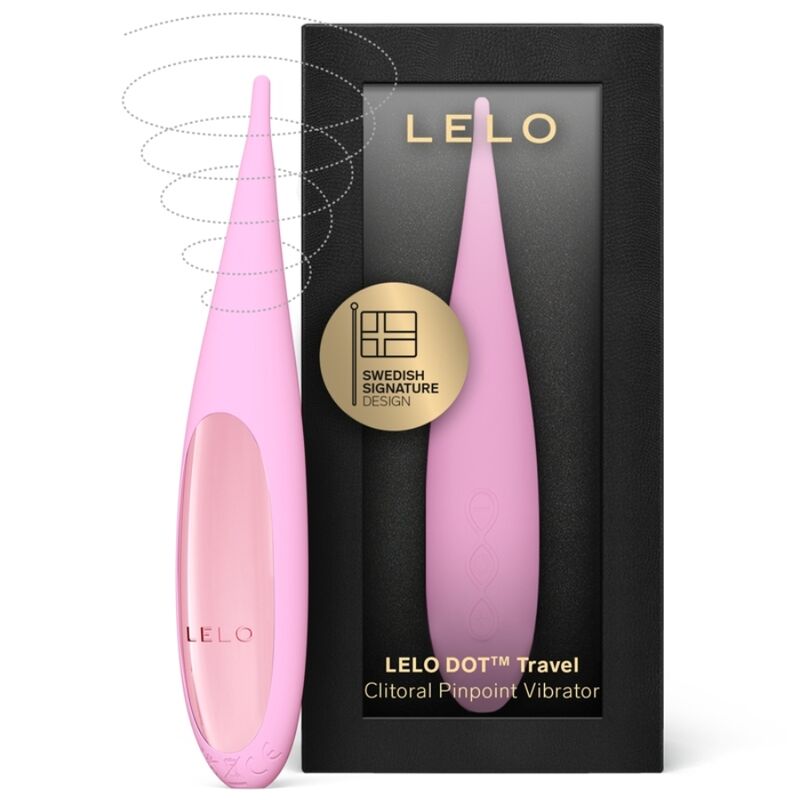 Vibromasseur de précision Dot rose présenté à côté de sa boîte Lelo Dot Travel Clitoral Pinpoint Vibrator, embout pointu souple en silicone et poignée dorée.