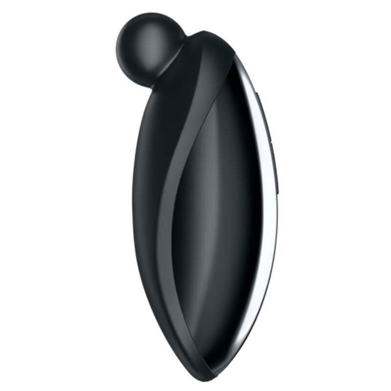 Vibrateur clitoridien Spot On 2 noir vu de face, corps ovale liseré clair et petite pointe ronde au sommet. Variante coloris noir du stimulateur à poser Satisfyer.