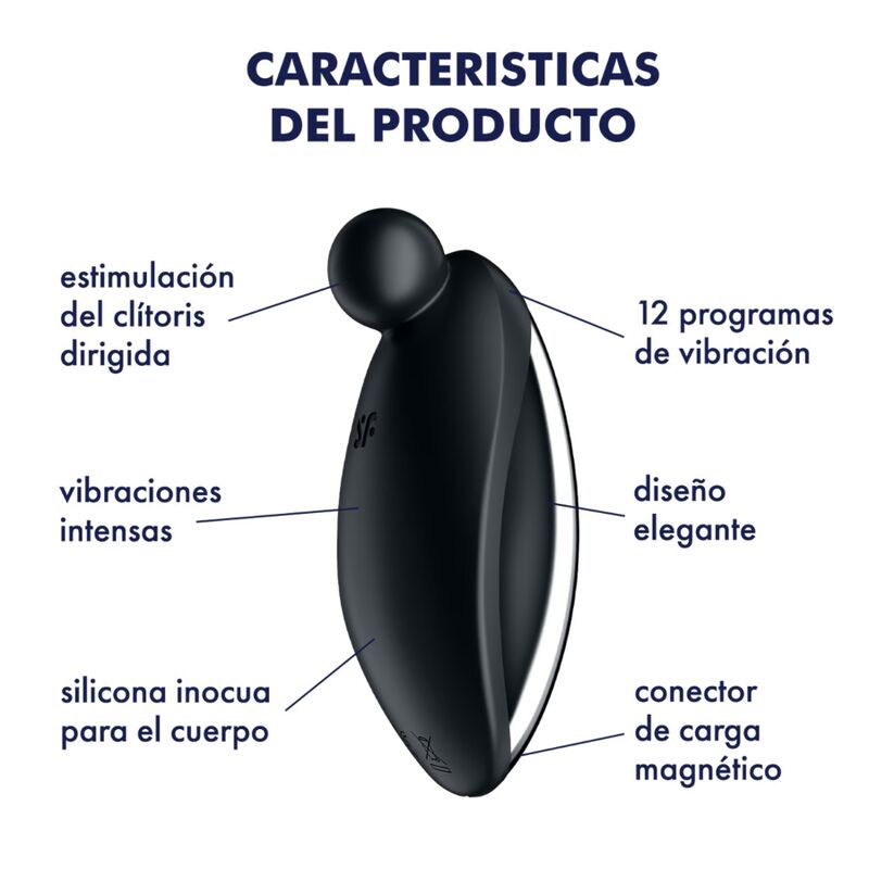 Schéma annoté du Spot On 2 noir : stimulation clitoridienne dirigée, vibrations intenses, 12 programmes, silicone. Vibrateur à poser Satisfyer, légende espagnole.