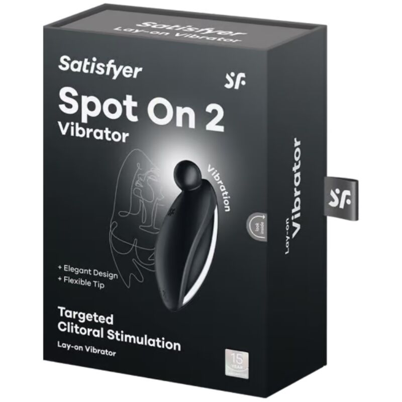 Boîte noire Satisfyer Spot On 2 Vibrator, visuel du stimulateur noir à pointe et mention Targeted Clitoral Stimulation. Emballage variante coloris noir.