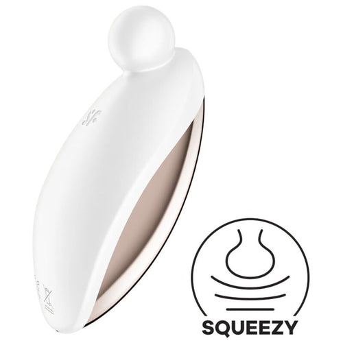 Vibrateur clitoridien à poser Spot On 2 blanc, corps ovale en goutte surmonté d'une pointe ronde, pictogramme Squeezy. Silicone doux Satisfyer, 12 programmes.