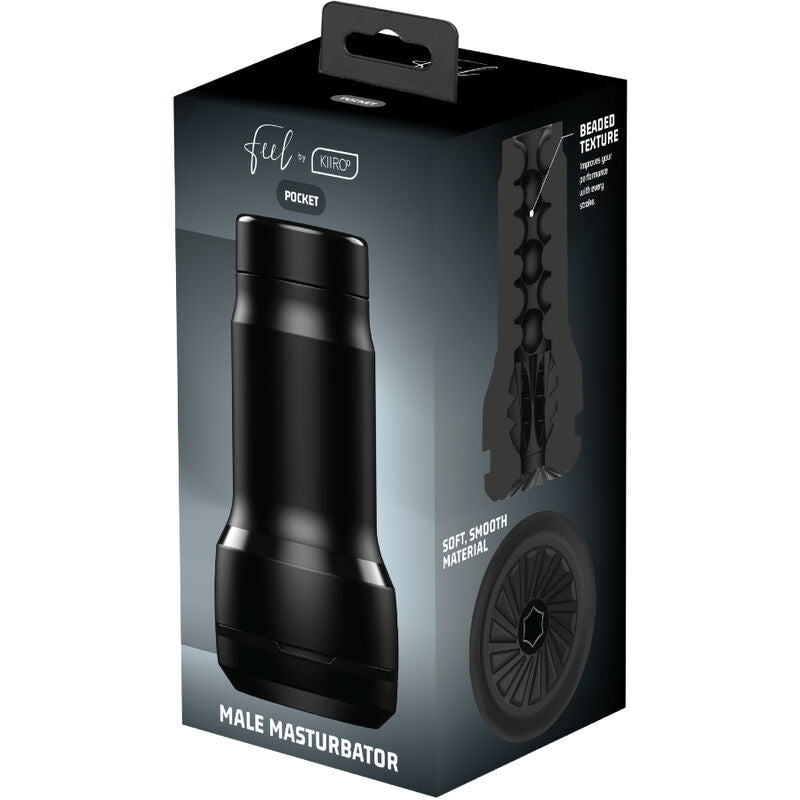Boite noire du masturbateur de poche Feel Kiiroo, visuel de l'appareil et mention Male Masturbator ; jouet masculin compact a canal nervure non anatomique pour usage solo.