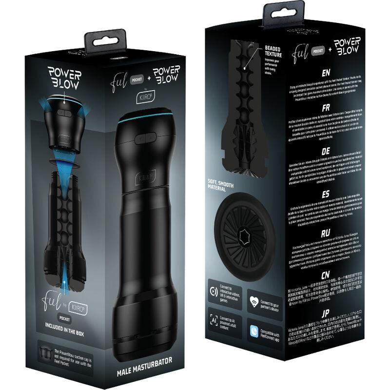 Boites du masturbateur de poche PowerBlow Kiiroo montrant l'appareil noir et la coupe interne texturee ; jouet masculin a effet succion, canal non anatomique pour solo.