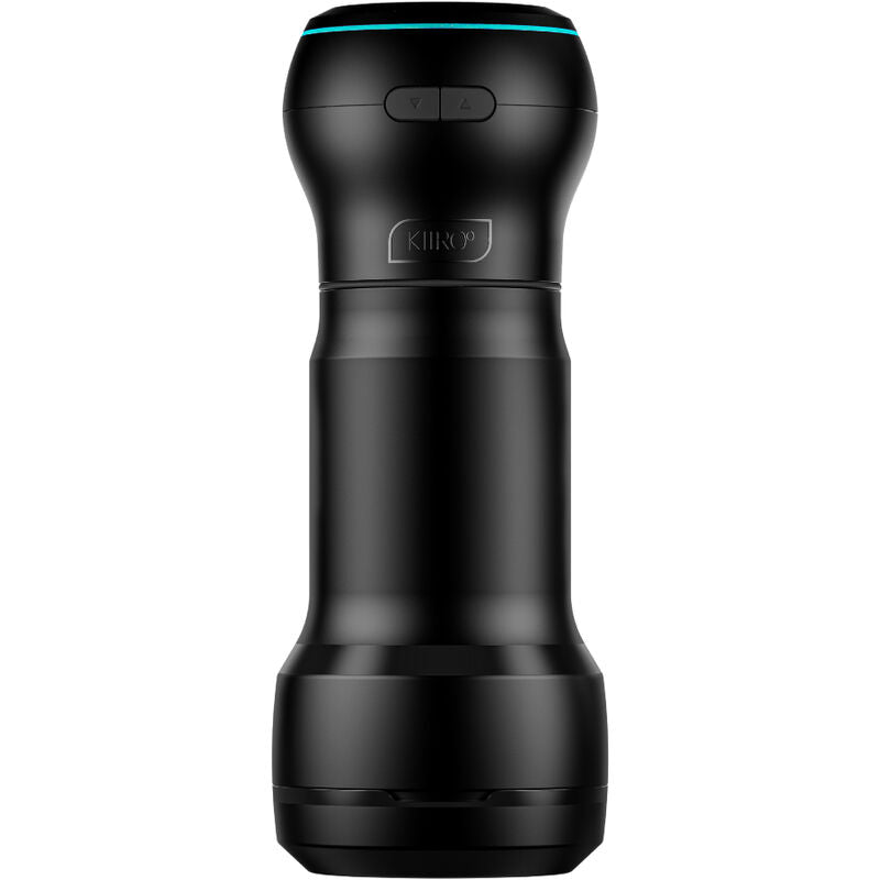 Masturbateur de poche Kiiroo en silicone noir debout, accent turquoise et orifice lisse non anatomique ; jouet masculin compact a module d'aspiration pour usage solo.