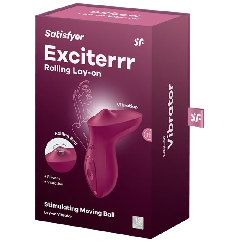 Boite du stimulateur clitoridien a poser Satisfyer Exciterrr Rolling Lay-on framboise, illustration au trait et visuel du produit a bille rodante.