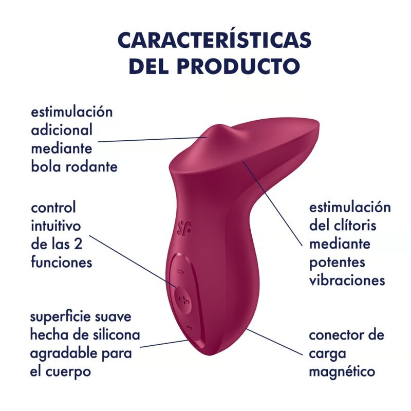 Schema descriptif du stimulateur clitoridien Satisfyer Exciterrr framboise, legendes espagnoles pour bille rodante, double commande et silicone doux.