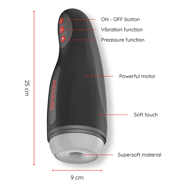 Schema legende du masturbateur Seoul Oninder noir, hauteur 25 cm et ouverture 9 cm, detaillant boutons, moteur puissant et gaine interne supersoft.