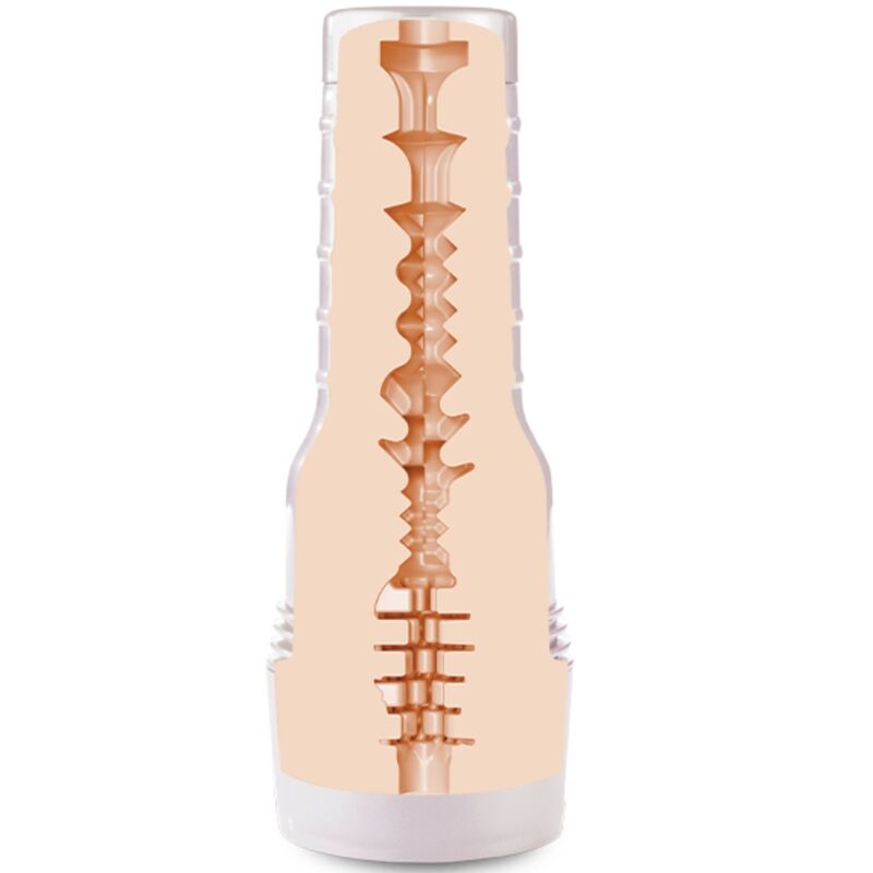 Masturbateur Fleshlight vu en transparence dans son etui clair, tunnel interne a anneaux et cretes texturees couleur chair visible sur la longueur, gaine souple enveloppante.