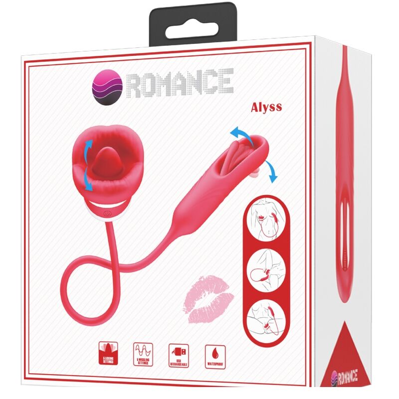 Boite Romance Alyss du masturbateur bouche rouge, illustration de la bouche a langue et de l'embout vibrant relié par cordon, pictogrammes de fonctions