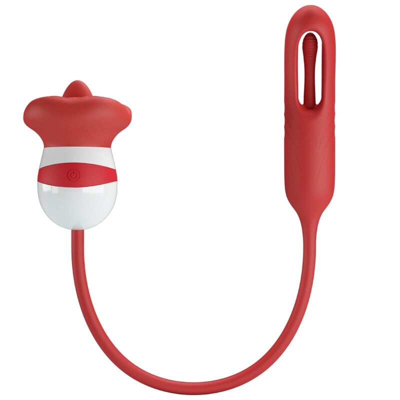 Masturbateur bouche rouge et blanc avec langue stimulante, cordon en silicone relié a un embout effilé, double stimulation orale et insertion, rechargeable USB