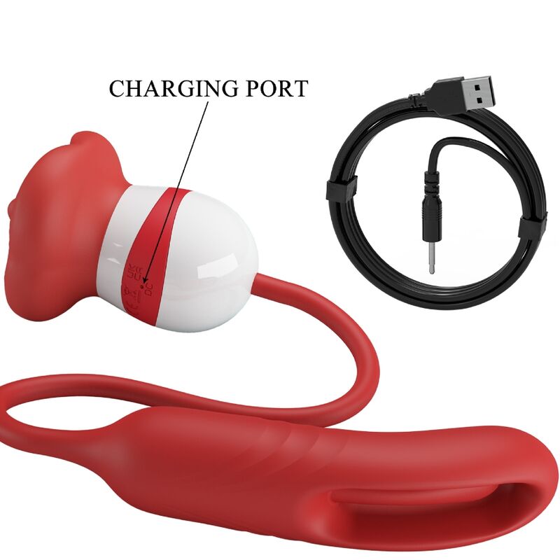 Masturbateur bouche rouge presenté avec son cable de charge USB, langue stimulante et embout vibrant reliés par cordon en silicone, port de charge indiqué