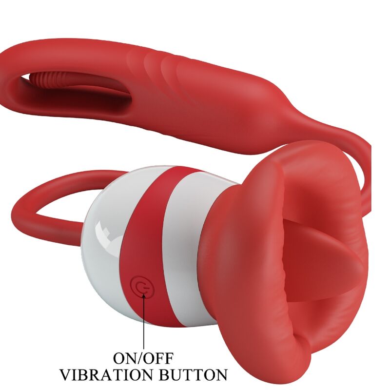 Masturbateur bouche rouge a langue avec legende du bouton marche-arret vibration, cordon et anneau en silicone relié a l'embout vibrant, rechargeable USB