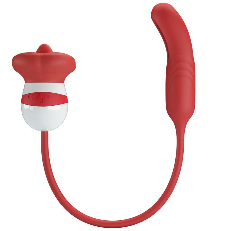 Masturbateur bouche rouge et blanc avec langue, relié par un cordon en silicone a un embout courbé vibrant, double stimulation, rechargeable par USB