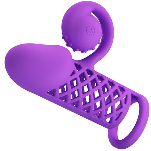 Gaine penienne vibrante violette extensible, structure ajourée en silicone, anneau de maintien et tete spirale a picots, embout vibrant, 10 modes etanche