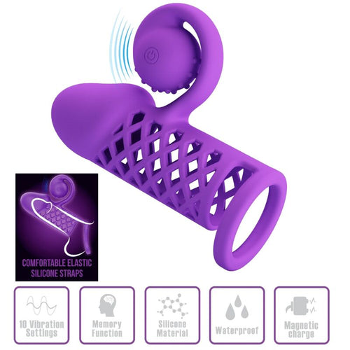Gaine penienne violette vue de trois-quarts avec tete spirale vibrante et structure resille en silicone, anneau de base, pictogrammes 10 vibrations etanche