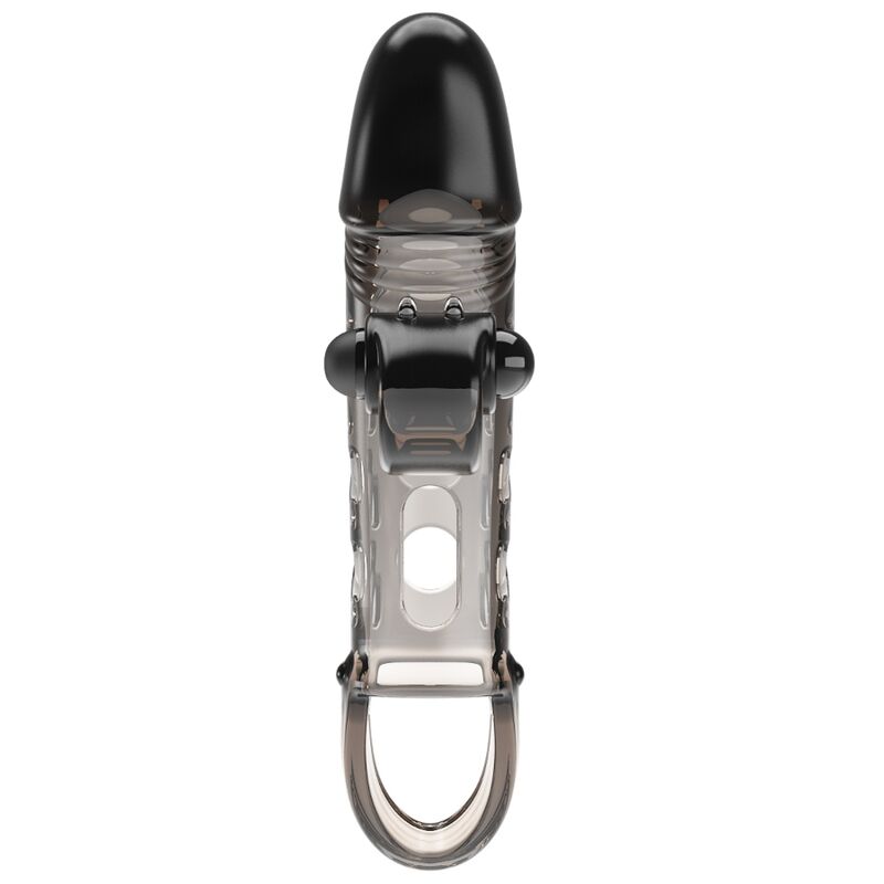 Gaine pénienne extensible noire à embout vibrant — détail produit