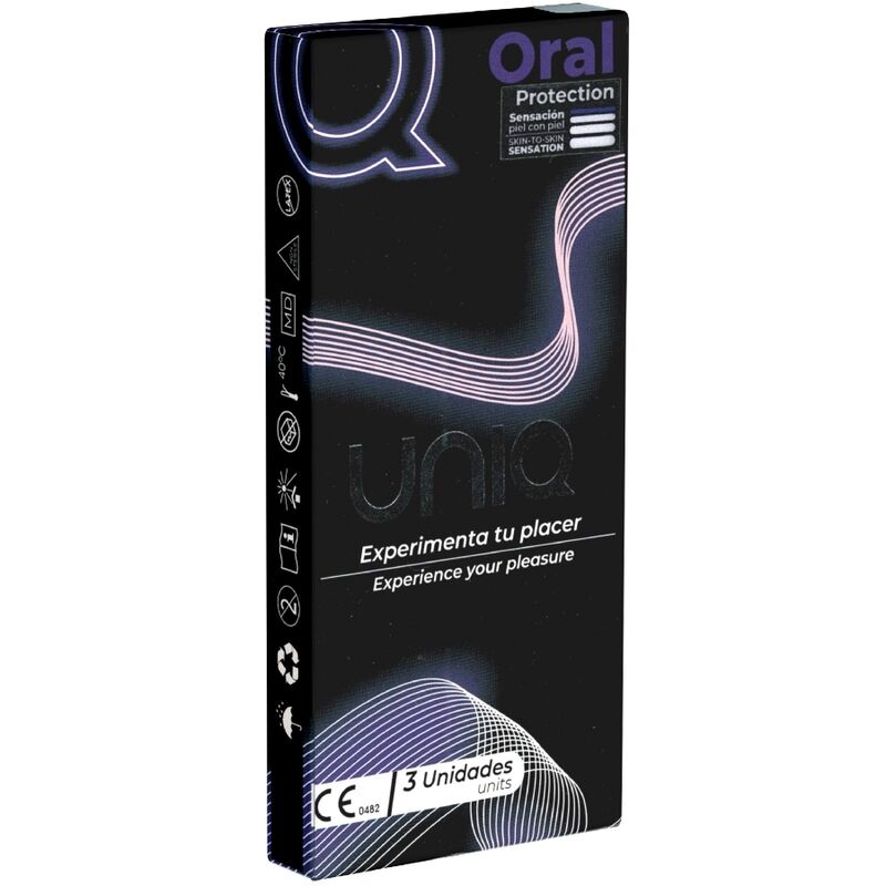 Boite violette Uniq Oral Protection, preservatifs sans latex lisses lot de 3 en resine AT-10, pensee pour le sexe oral et les peaux sensibles, slogan Experimente ton plaisir.