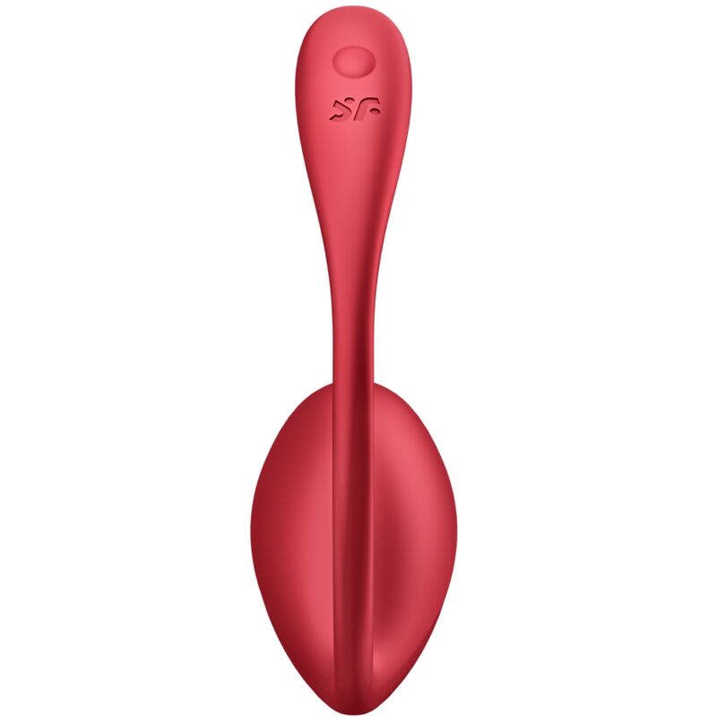 Oeuf vibrant Satisfyer rouge de profil, base en goutte effilee et tige fine, vibromasseur portable discret en silicone pilotable a distance.