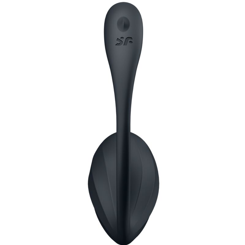 Stimulateur Satisfyer noir vu de face, corps lisse galbe et logo de la marque