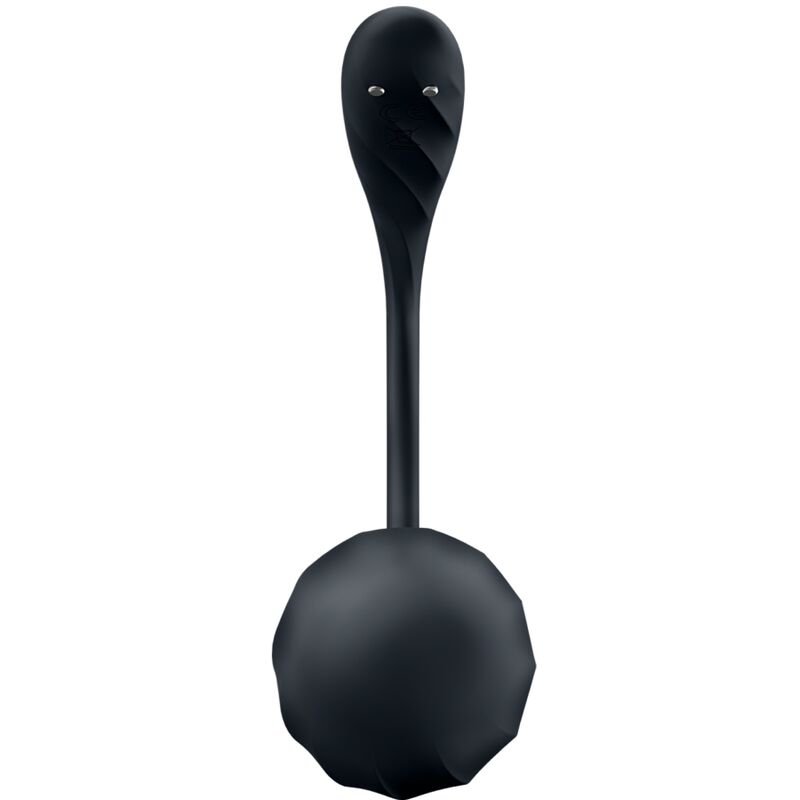 Stimulateur Satisfyer noir de profil, base spherique compacte et tige fine