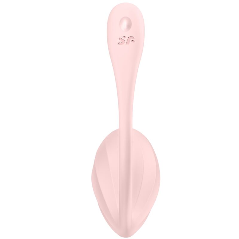 Stimulateur Satisfyer rose vu de face, corps lisse en goutte et col recourbe, coffret Sortie en couple