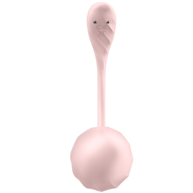 Stimulateur Satisfyer rose de profil, base spherique en silicone et tige effilee, coffret Sortie en couple