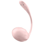 Stimulateur Satisfyer rose vu de trois quarts, base bombee et long col flexible