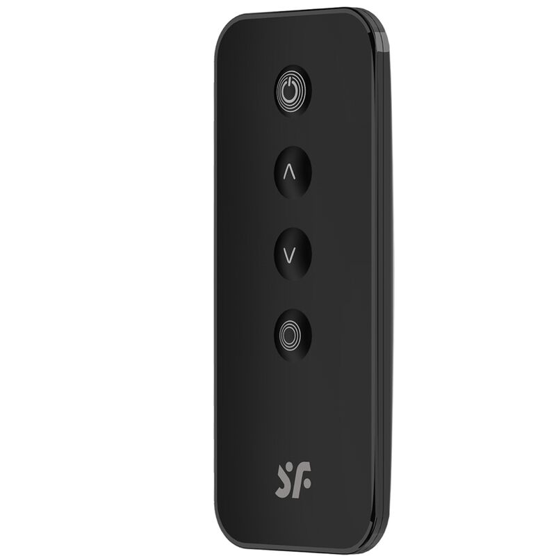 Telecommande noire Satisfyer a quatre boutons pour oeuf vibrant connecte, boitier ergonomique avec logo de la marque, pilotage sans fil a distance.