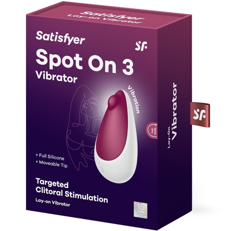Boite Satisfyer Spot On 3 violette, Lay-on Vibrator Targeted Clitoral Stimulation, presentant le vibromasseur clitoridien a embout cible mobile sur fond clair