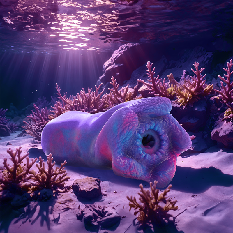 Masturbateur Thetis en silicone violet et rose pose dans un decor sous-marin lumineux, ambiance feerique. Ouverture fantasy texturee, grand format ergonomique inspire d'un mythe grec.
