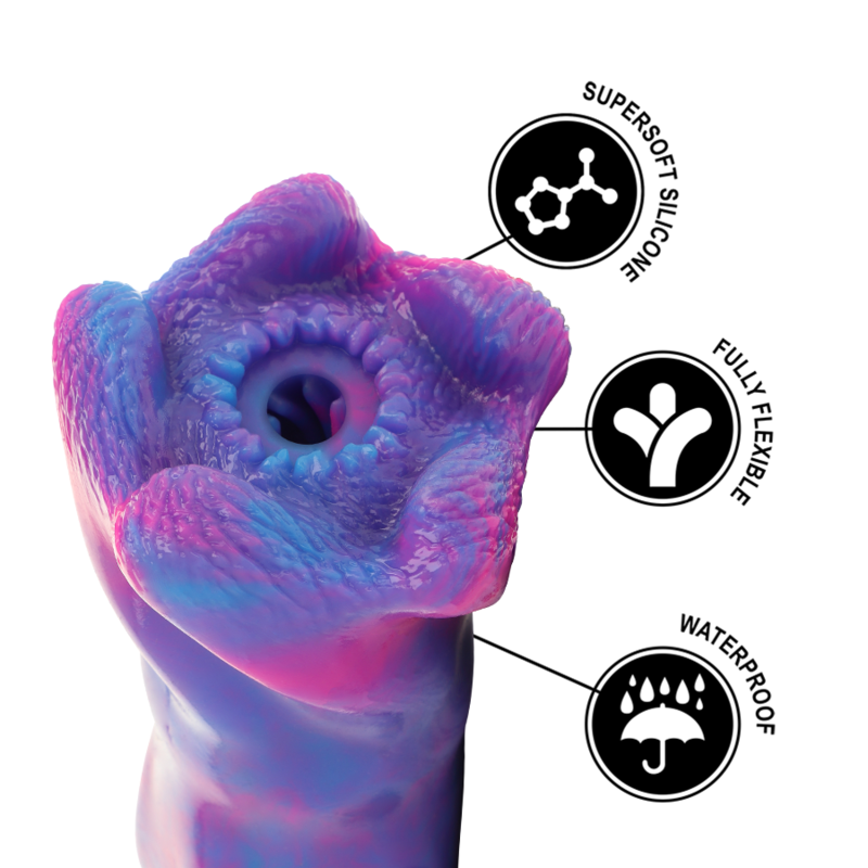 Masturbateur Thetis en silicone violet et rose avec pictos supersoft silicone, fully flexible, waterproof. Ouverture fantasy texturee, matiere douce et etanche resistante a l'eau.
