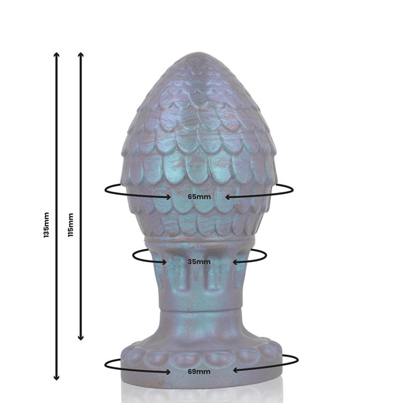 Schema dimensionne du plug œuf de dragon, hauteur 100 mm, diametres 65 et 35 mm, base 65 mm, silicone ecailleux fantasy a la forme bulbeuse ergonomique.